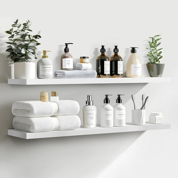 Floating Shelves, 36 Inch Wall Shelf Set of 2, Hanging Shelf with Invisible Brackets, Wall Decor for Bathroom, Bedroom, Living Room, Kitchen Storage, Modern White