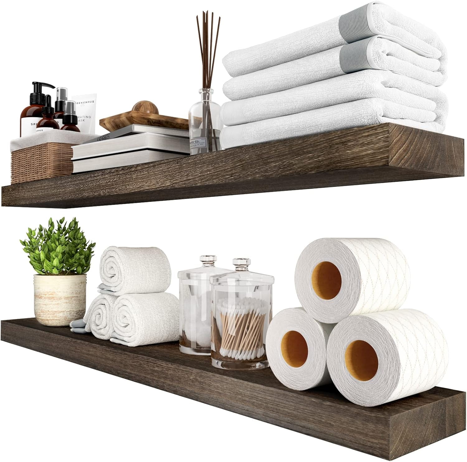 36-Inch Dark Brown Solid Wood Floating Wall Shelves Set