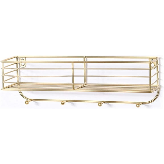 Floating Shelves with 4 Hooks, Wrought Iron Storage Baskets, Metal Wall Shelves, Gold/Black/Antique Gold, Hanging Shelf for Entrances, Bedrooms, Living Rooms, Keys-Bright Gold