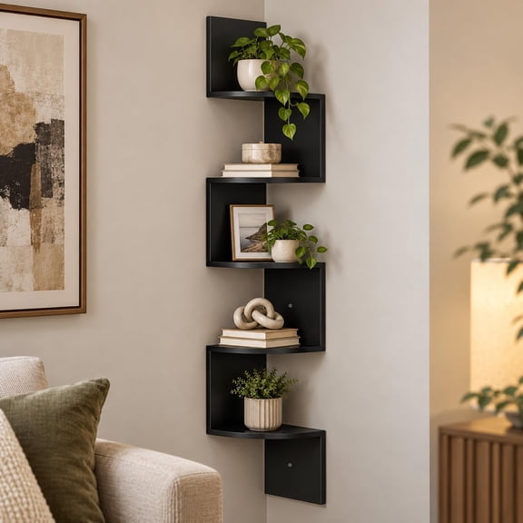 JIONEXA Floating Shelves, 5-Tier Corner Wall Shelf, MDF Floating Corner Bookshelf for Home, Office, Living Room, Bedroom, Bathroom,Room Decor, Black