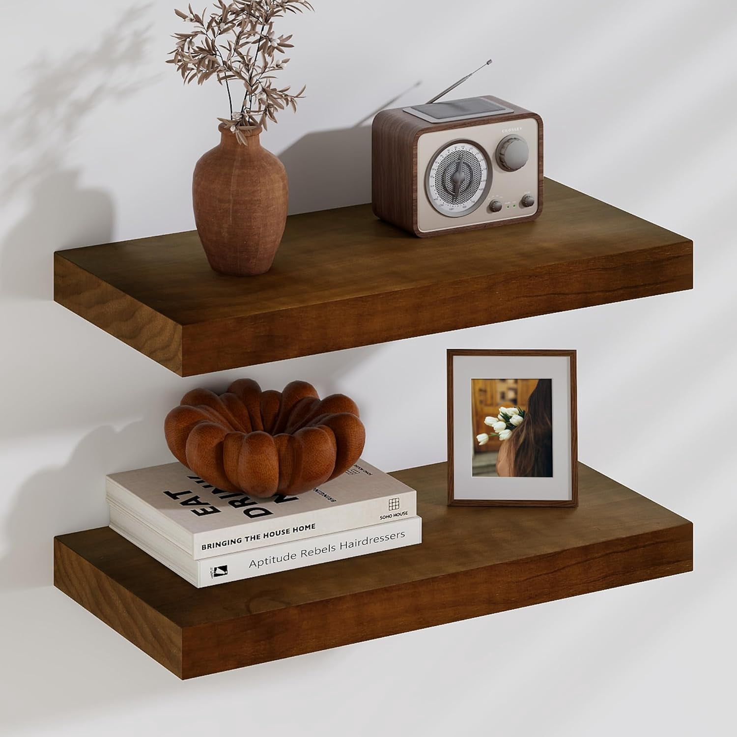Floating Shelves, 9.3'' Deep Solid Pine Wood Wall Shelves for Storage
