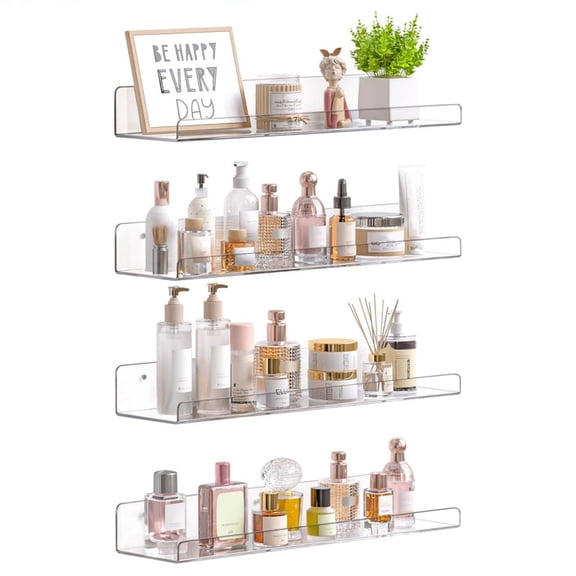 Floating Shelves for Bathroom, 14" Clear Wall Organizer for Makeup, Perfume, Figures, Photo, Decor Shelf for Nursery, Living Room, Bedroom, Kitchen, Over Toilet Storage Rack, Clear, 4 Pack