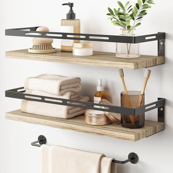 Floating Shelves for Bathroom Organizer Over Toilet, Wall Mounted Bathroom Shelves with Towel Bar, Wall Shelf for  Kitchen  Room Storage (Rustic Brown-Black)