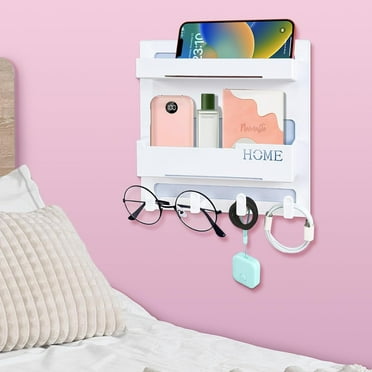 Floating Shelves for Bedside, Cute Room Decor Aesthetic, Wall Mount Self Stick On, Teen Room Decor,Cool Stuff for Bedroom& Livingroom Storage and Organization, White Finish (4 Hooks)