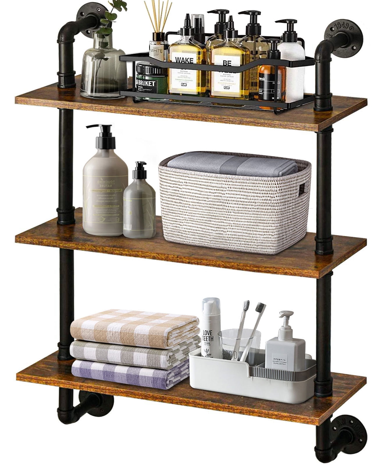 Floating Shelves, CoPedvic 3-Tier Wood Wall Bookcase Shelves Mounted for Bathroom, Bedroom, Rustic Brown