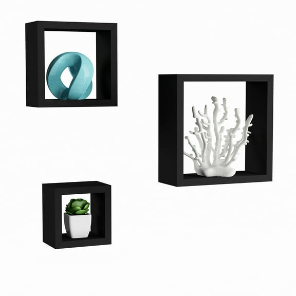 Floating Shelves- Cube Wall Shelf Set with Hidden Brackets, 3 Sizes to Display Decor, Books, Photos, More- Hardware Included by Lavish Home (Black)