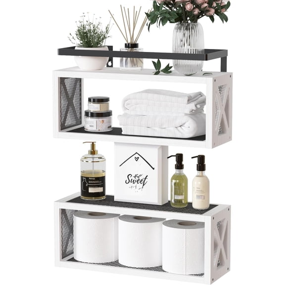 Floating Shelves with Guardrail, Rustic Shelves for Wall Decor, Farm Bathroom Accessories Wall Mounted, Bathroom Organizer Over Toilet Storage, Kitchen, Living Room - White