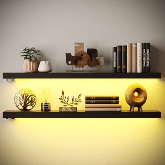Floating Shelves with LED Light Wall Mounted Wooden Shelves with Invisible Brackets Set of 2 Hanging Wall Shelves for Bedroom Bathroom Living Room and Kitchen 31 Blcak