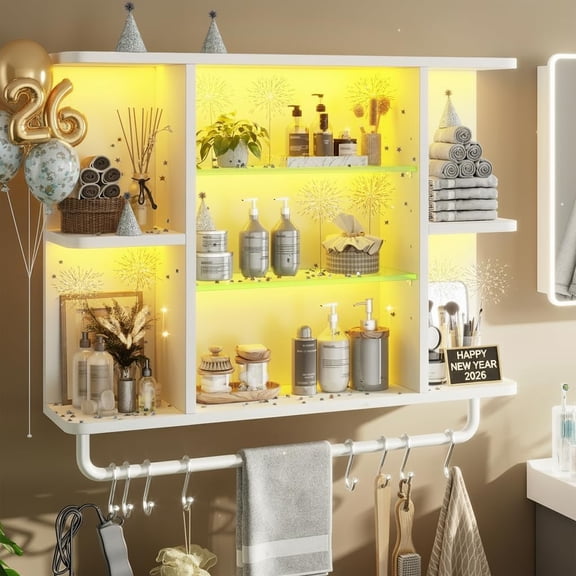 Floating Shelves with LED Lights, 7-Tier Wood Shelf, Wall Mounted Display Shelves with 8 S-Hooks, Wall Shelf for Kitchen, Bedroom, Bathroom, Office, Plants, White