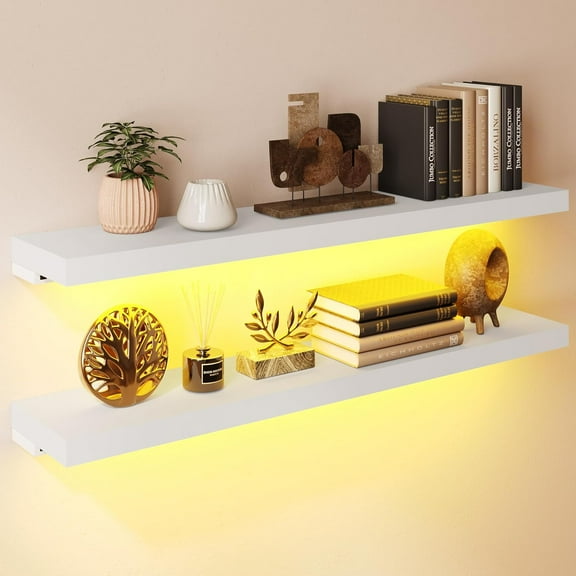 Floating Shelves with Lights, 35" White Wall Mounted Shelves with Invisible Brackets, Set of 2, Display Wall Shelves Decoration for Bedroom, Bathroom, Living Room, Kitchen Storage