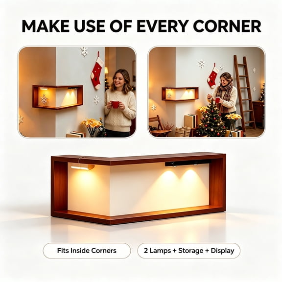 Floating Shelves with Lights, Corner Shelf for Outside Corners, 15.74 Inch Wood Wall-Mounted Storage Shelf with 2 Lamps for Living Room, Bedroom and Kitchen, 1PC