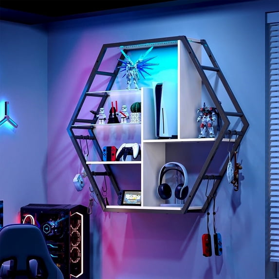 Casendy Gaming Floating Shelves with LED Light, Display Shelf for Bedroom, Lighted Bar Shelves, Extra Hanging Hooks Storage, Gaming Room Decor, Easy Assembly, White