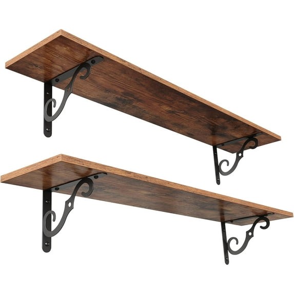 Floating Shelves, Long Wall Shelves Set of 2, 39.4 Inch Wall Mounted Shelves with Brackets for Bedroom, Living Room, Kitchen, Bathroom, Rustic Brown