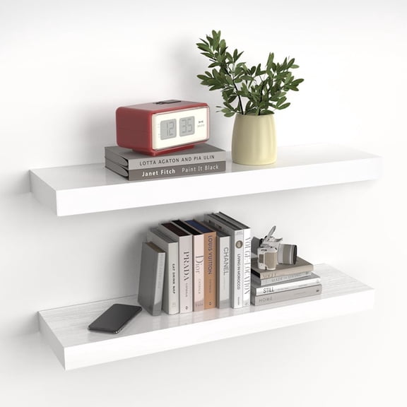 Floating Shelves, Natural Wood Wall Shelf, White Wooden Rustic Decor for Bathroom Kitchen Bedroom, 23.6 inches Hanging Mounted Invisible Bracket, 2 Set