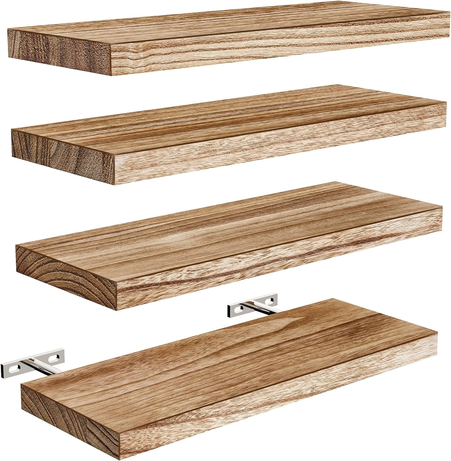 Light Brown Paulownia Wood Floating Wall Shelves, Set of 4