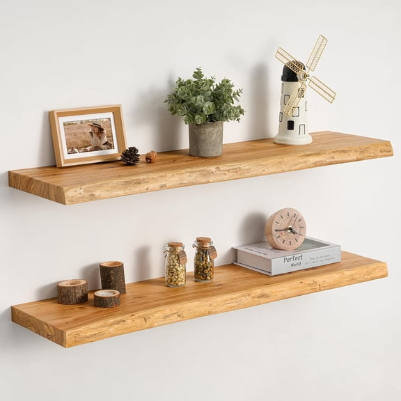 Floating Shelves Set of 2, Solid Elm Wood 32 Inch Wall Shelving | Natural Live Edge Grain, Heavy Duty Hidden Brackets, Wall Decor For Living Room, Bedroom, Kitchen & Bathroom