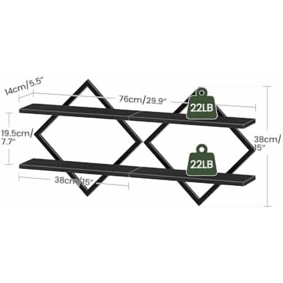 Floating Shelves, Set of 2 Wall Shelves, 2-Tier Hanging Shelves, Wall Shelf Set of 2, Wall Mounted Shelves, for Living Room, Bedroom, Kitchen, Office, Study, Black TBJ01P2BB