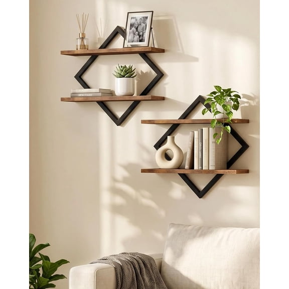 Floating Shelves, Set of 2 Wall Shelves, 2-Tier Hanging Shelves, Wall Shelf Set of 2, Wall Mounted Shelves, for Living Room, Bedroom, Kitchen, Office, Study, Rustic Brown TBJ01P2BF