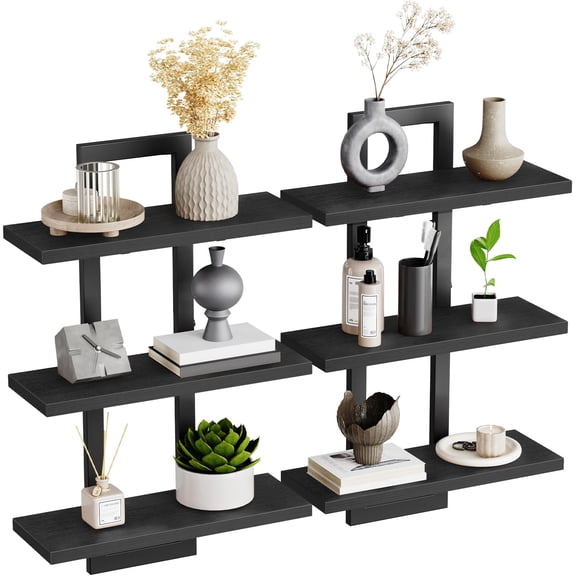 Floating Shelves, Set of 2 Wall Shelves, 3-Tier Wall Mounted Storage Shelves, Hanging Bathroom Shelves, for Living Room, Bedroom, Bathroom, Kitchen, Black