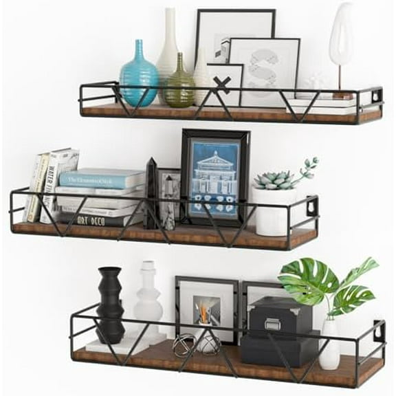 Floating Shelves Set of 3, Home Wood Wall Shelf, Farmhouse Shelf for Bedroom, Wall Mounted Floating Shelf for Living Room, Bedroom, Bathroom, Kitchen, Office (Black)