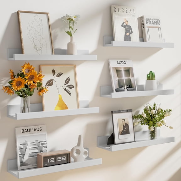 Floating Shelves Set of 6, 16" Wall Mounted Picture Ledge, Display Shelf Organizer for Decor Storage, Wall Mounted Shelves for Living Room, Bedroom, Bathroom, Kitchen (White)