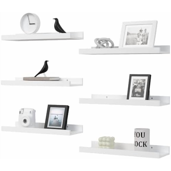 Floating Shelves Set of 6, White Wall Shelves with Lip, Display Shelves for Wall Decor, Modern Picture Ledge for Living Room, Bedroom, Nursery, Bathroom, Pictures, Books, Plants- White