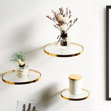 Floating Shelves Set, Iron & Glass Wall Mounted Floating Shelf Racks Candles Display Organizer Decor Kitchen Hanging Rattan Bookshelf Flowers Wall Shelves Set Crafts Shelves, Set of 3 (S/M/L)