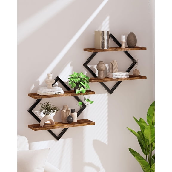 Floating Shelves Set Of 2 Wall 2-tier Hanging Shelf 2 Mounted For Living Room Bedroom Kitchen Office Study Rustic Brown Tbj01p2bf