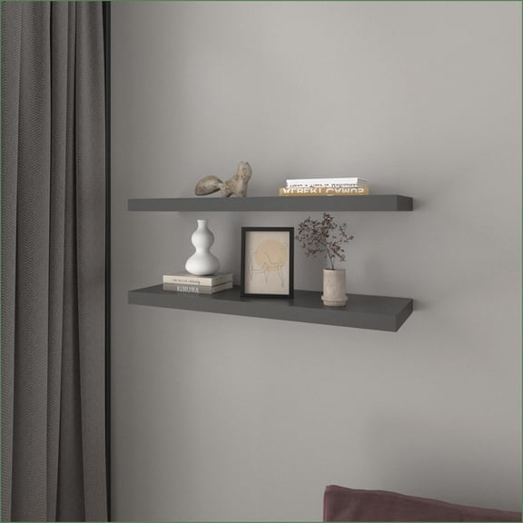 Floating Shelves Set of 2, Modern Space-Saving Wall Mounted | Matte Gray | Engineered Wood