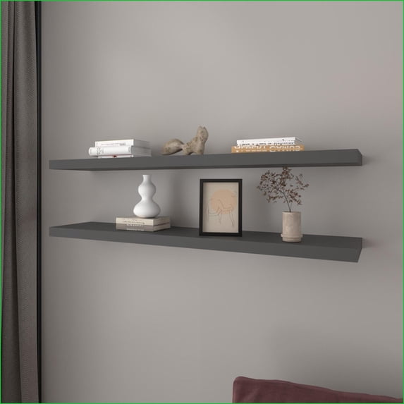 Floating Shelves Set of 2, Modern Wall Mounted Space Saver | Matte Gray | Engineered Wood
