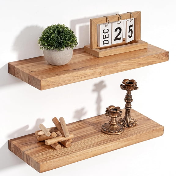 Floating Shelves Set of 2 Natural Solid Elm Wood 20 Inch by 8 Inch Flat Edge