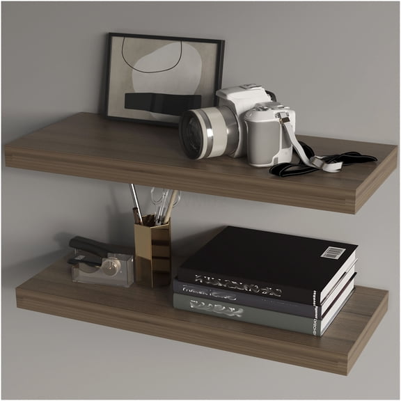 Floating Shelves Set of 2, Walnut Wall Mounted Shelves for Living Room, Space Saving Melamine Storage Shelves