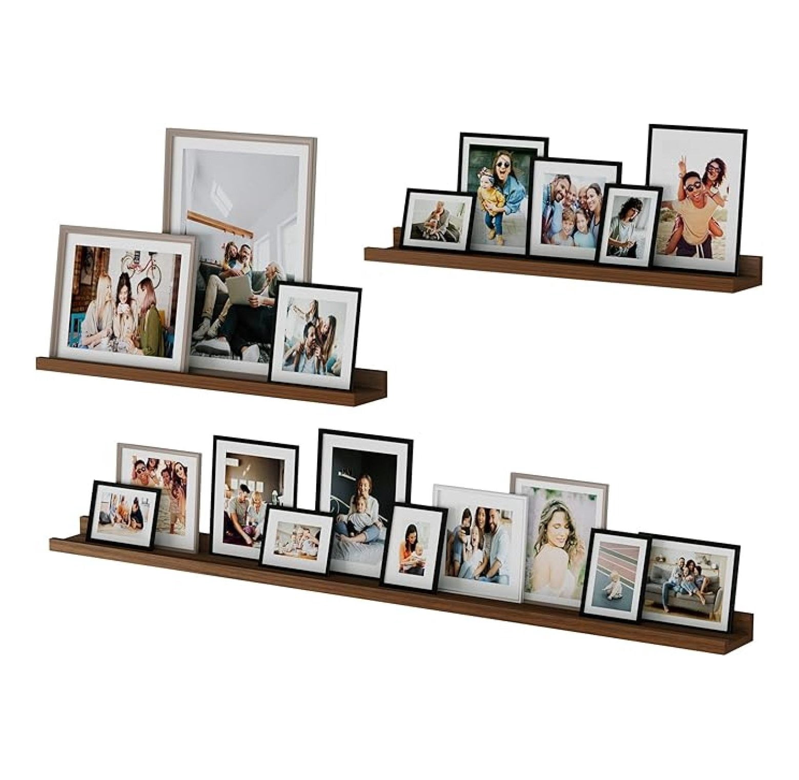 Floating Shelves Set of 3, Picture Ledge for Wall Decor - Walnut - Living Room, Bedroom, Office - Book Display, Multi Size