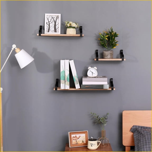 Floating Shelves Set of 3, Rustic Natural Wood Wall Mounted with Metal Brackets | Natural Wood | Metal & Wood