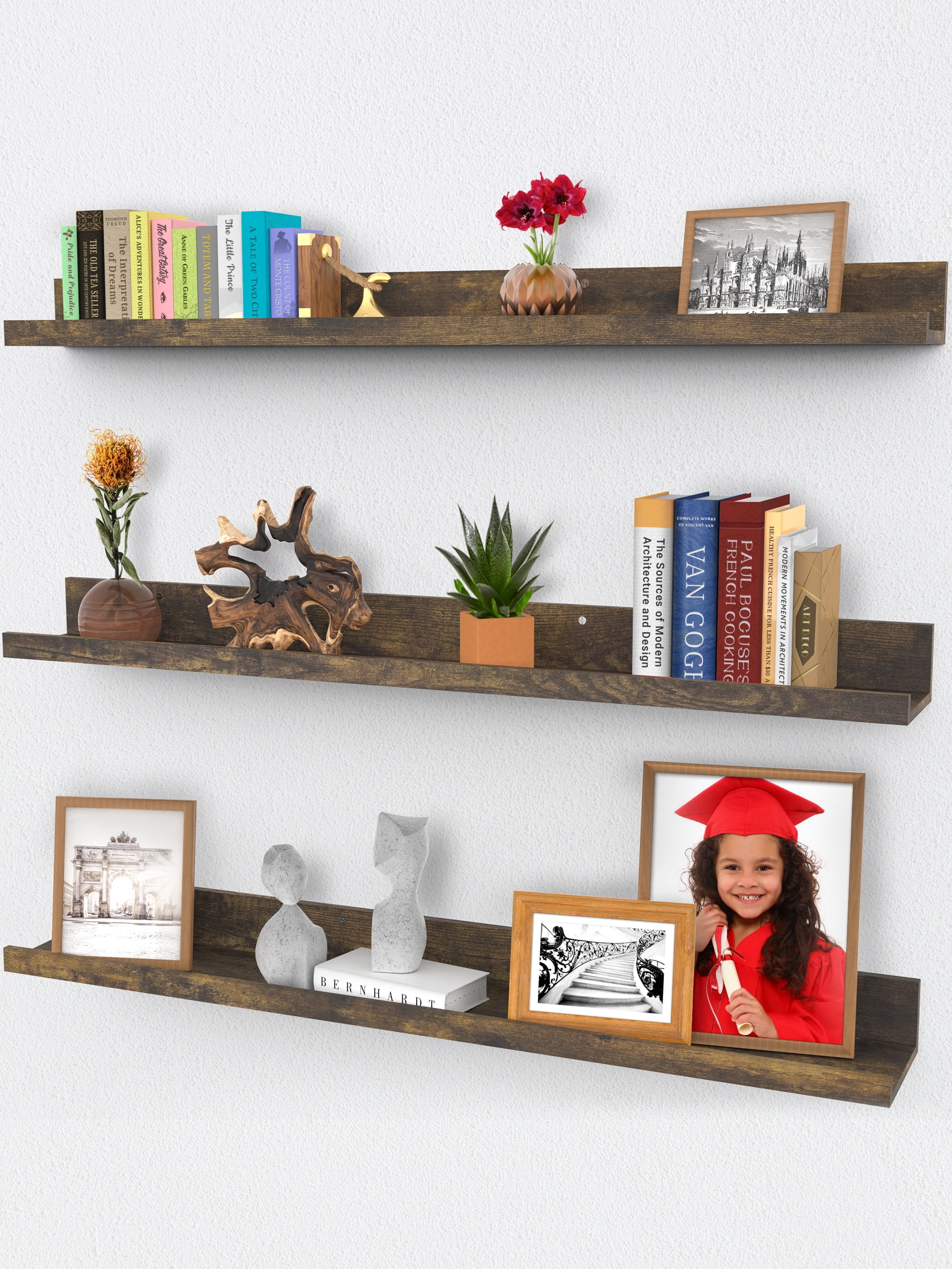 36-Inch Dark Brown Wood Floating Wall Shelves Set