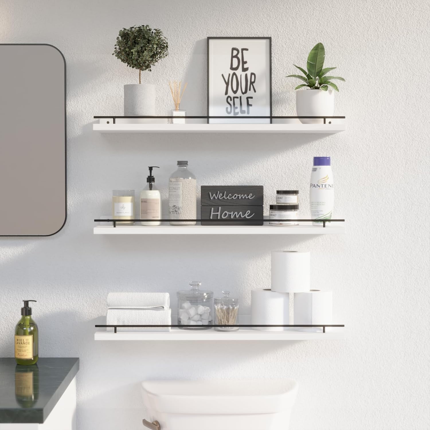 Floating Shelves Set of 3 with Gold Guardrail, 24 Inch Wall Mounted Storage for Bedroom Bathroom Kitchen Living Room Decor