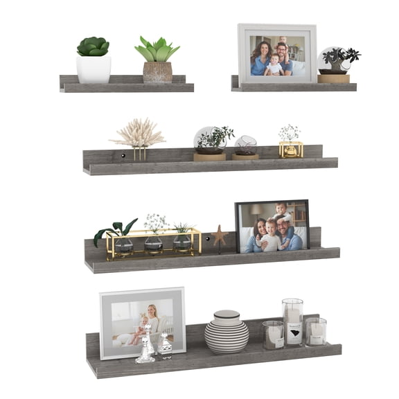 Floating Shelves Set of 5, 24 Inch Wall Mounted Wooden Picture Ledge Shelf for Bathroom, Bedroom, Kitchen, Living Room Storage and Decoration, Gray