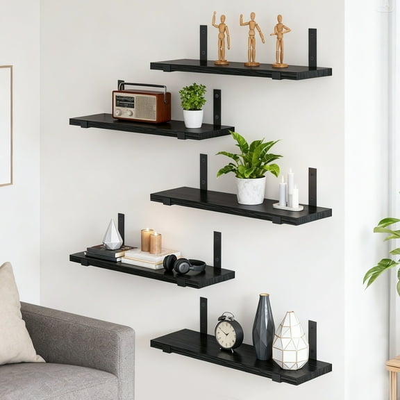 Floating Shelves Set of 5, Width 4.7 Inches Wall Shelves, Rustic Wood Wall Storage Shelves Black
