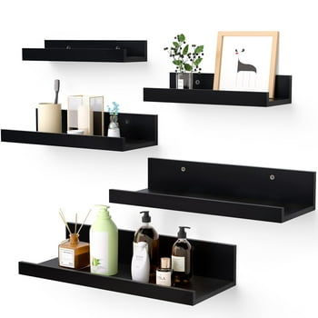 Floating Shelves, Upsimples Home Wood Shelf Wall Mounted, Set of 5, Multiple Sizes, Black