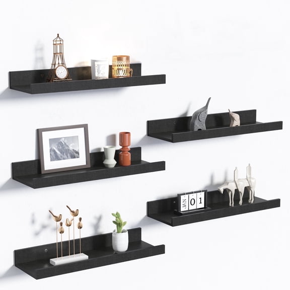 Sindcom 16inch Floating Shelves for Wall, Wall Shelves for Decor Storage, Wall Mounted Wood Shelves for Bedroom, Living Room, Bathroom, Kitchen, Picture Ledge Shelves, 5 Pack, Black