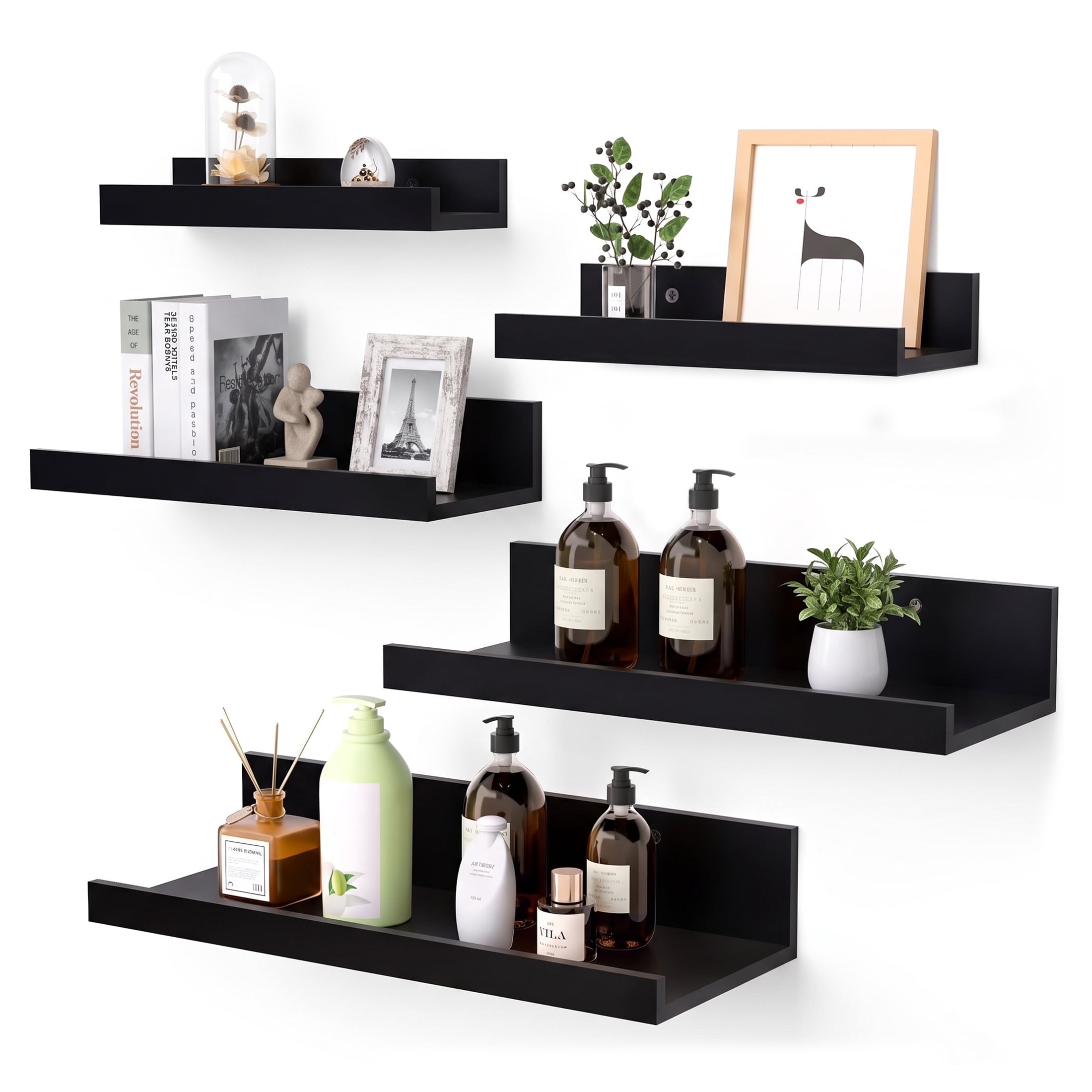 Floating Shelves, Sindcom Home Wood Shelf Wall Mounted, Set of 5, Multiple Sizes, Black