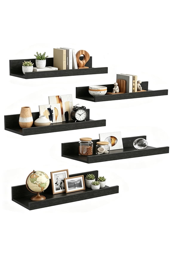 16inch Floating Shelves for Wall, Wall Shelves for Decor Storage, Wall Mounted Wood Shelves for Bedroom, Living Room, Bathroom, Kitchen, Picture Ledge Shelves, 5 Pack, Black