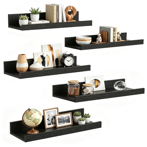 Sindcom 16inch Floating Shelves for Wall, Wall Shelves for Decor Storage, Wall Mounted Wood Shelves for Bedroom, Living Room, Bathroom, Kitchen, Picture Ledge Shelves, 5 Pack, Black