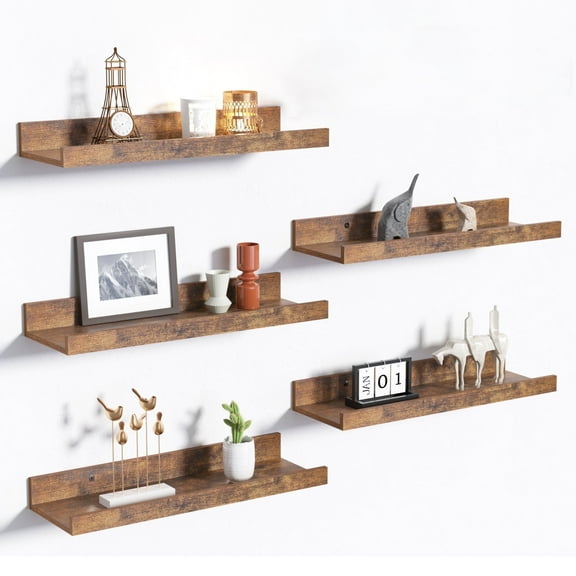 Floating Shelves, Upsimples Home Wood Shelf Wall Mounted, Set of 5, Multiple Sizes, Brown