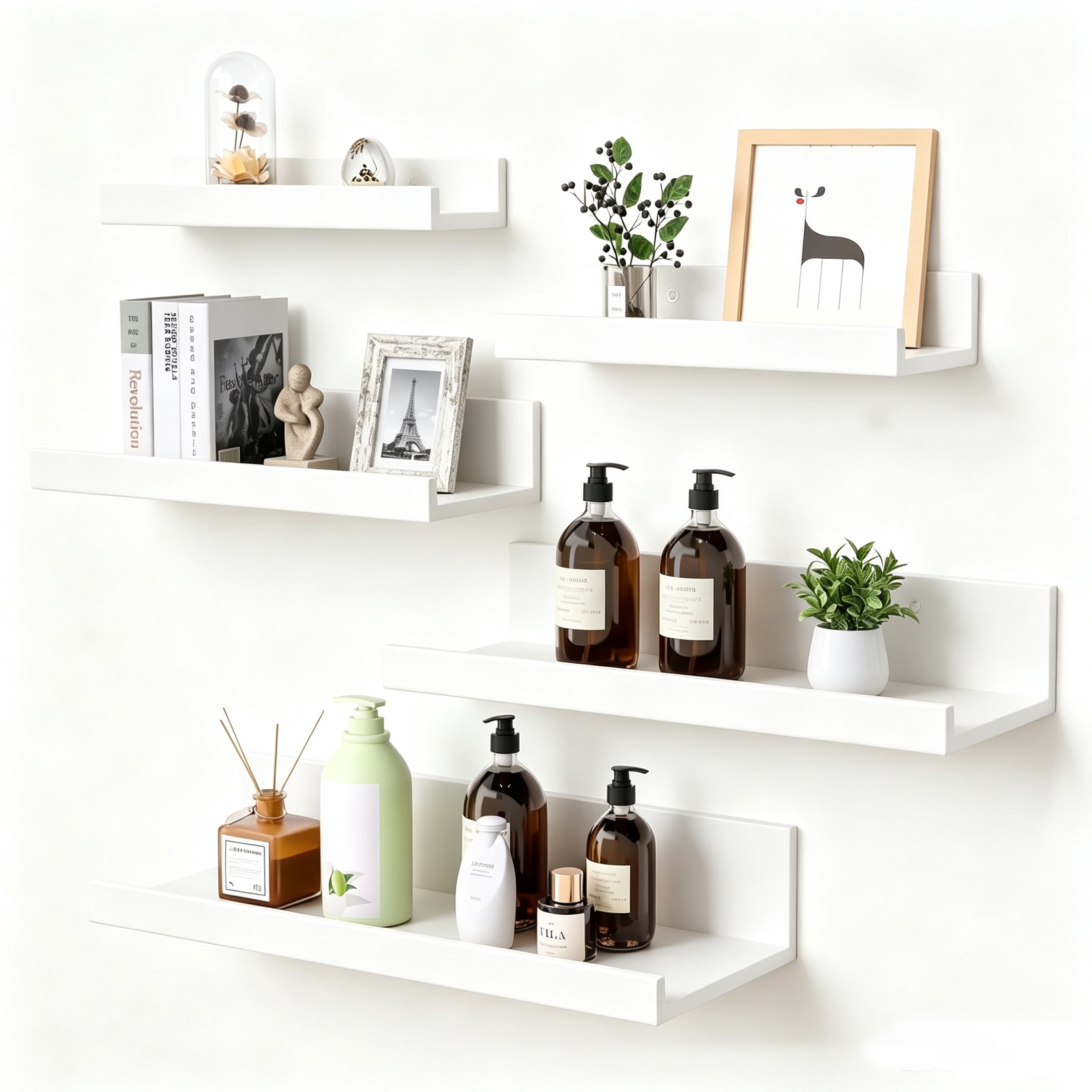 Floating Shelves, Sindcom Home Wood Shelf Wall Mounted, Set of 5, Multiple Sizes, White