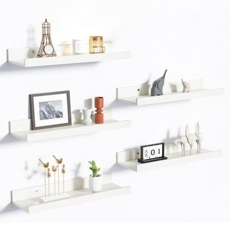 Sindcom 16inch Floating Shelves for Wall, Wall Shelves for Decor Storage, Wall Mounted Wood Shelves for Bedroom, Living Room, Bathroom, Kitchen, Picture Ledge Shelves, 5 Pack, White