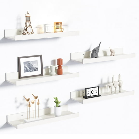 Sindcom 16inch Floating Shelves for Wall, Wall Shelves for Decor Storage, Wall Mounted Wood Shelves for Bedroom, Living Room, Bathroom, Kitchen, Picture Ledge Shelves, 5 Pack, White
