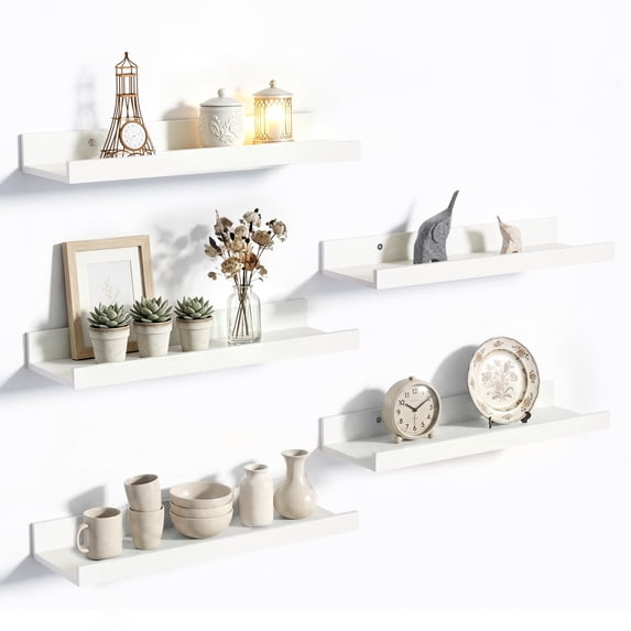Sindcom 16inch Floating Shelves for Wall, Wall Shelves for Decor Storage, Wall Mounted Wood Shelves for Bedroom, Living Room, Bathroom, Kitchen, Picture Ledge Shelves, 5 Pack, White