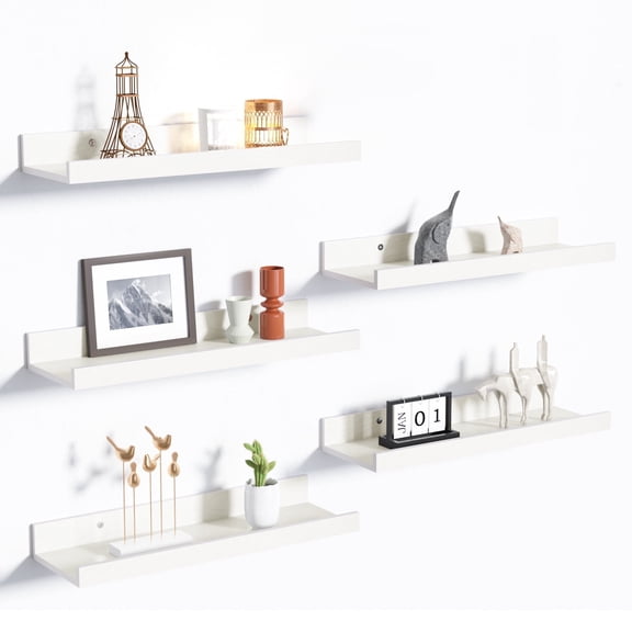 Sindcom 16inch Floating Shelves for Wall, Wall Shelves for Decor Storage, Wall Mounted Wood Shelves for Bedroom, Living Room, Bathroom, Kitchen, Picture Ledge Shelves, 5 Pack, White