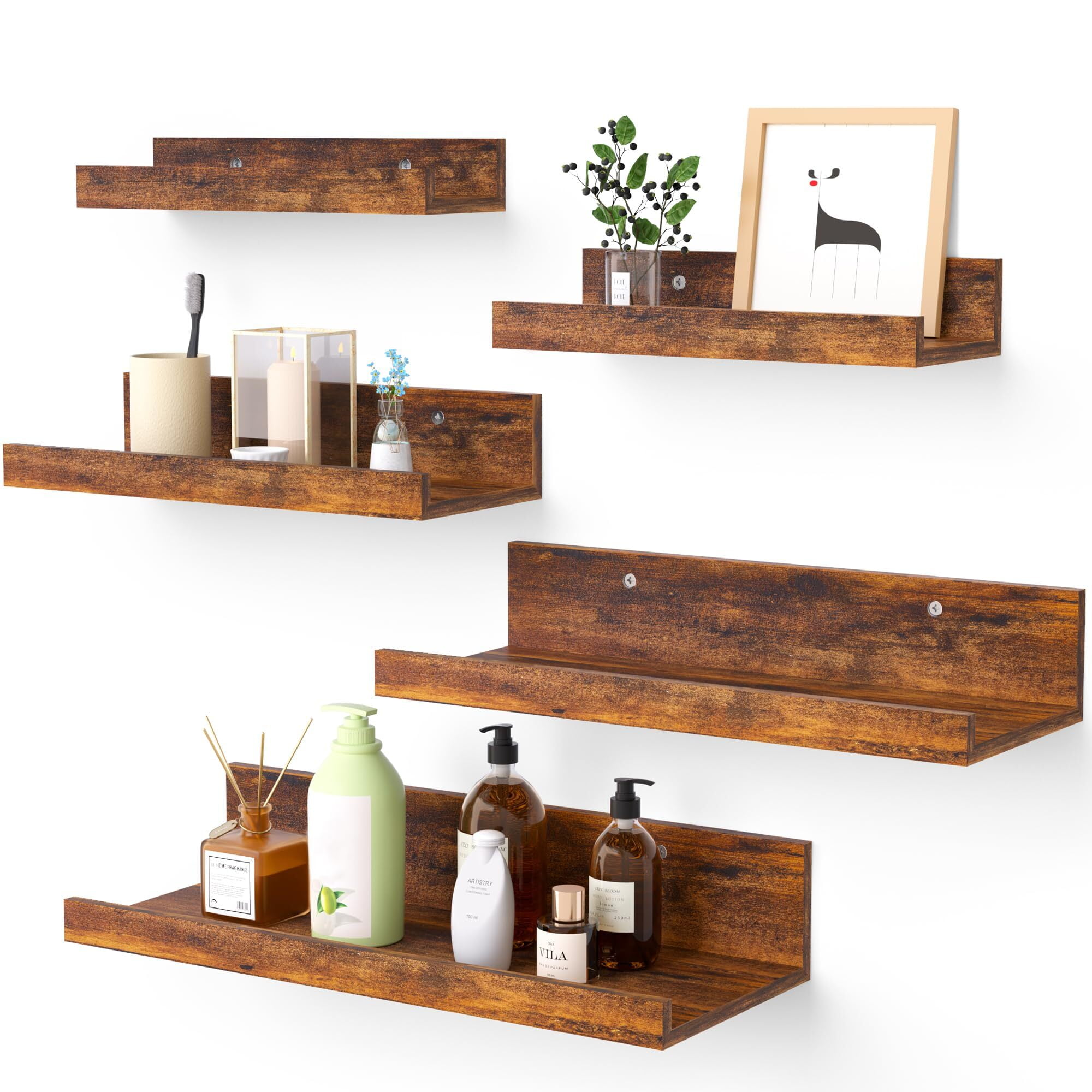 Floating Shelves Upsimples Wood Shelf Wall Mounted Set of 5 Multiple Sizes Brown